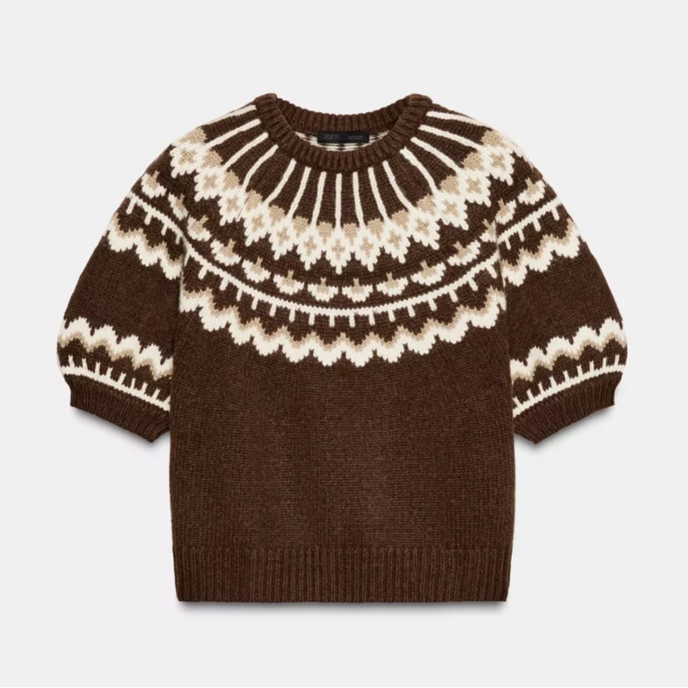 Zara Chocolate and Cream SHORT SLEEVE JACQUARD KNIT SWEATER fair isle sz small - Picture 7 of 8